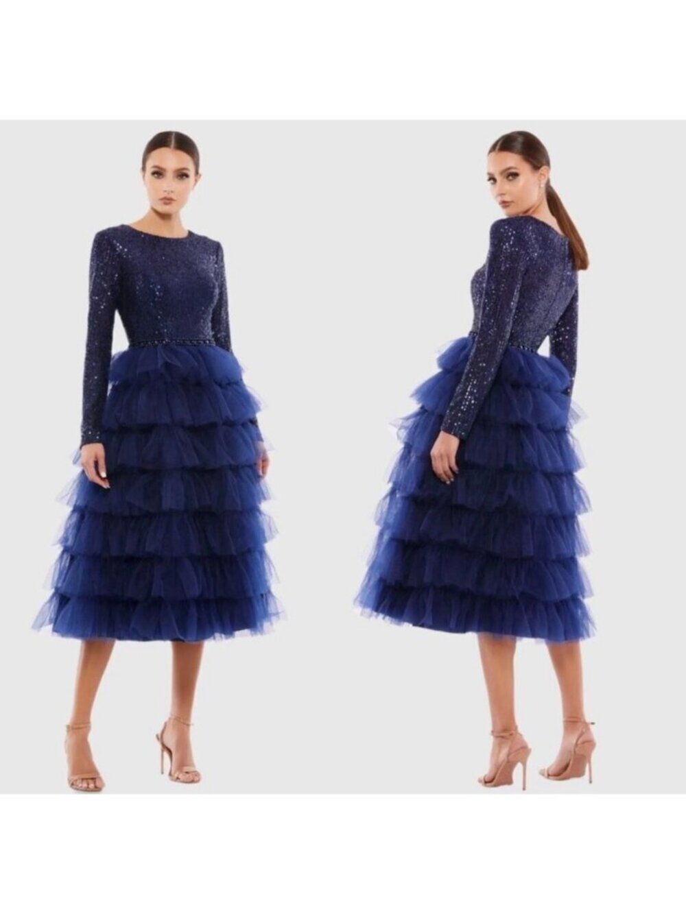 Mac Duggal Long Sleeve Ruffle Tiered Midi Tulle Dress Size 2